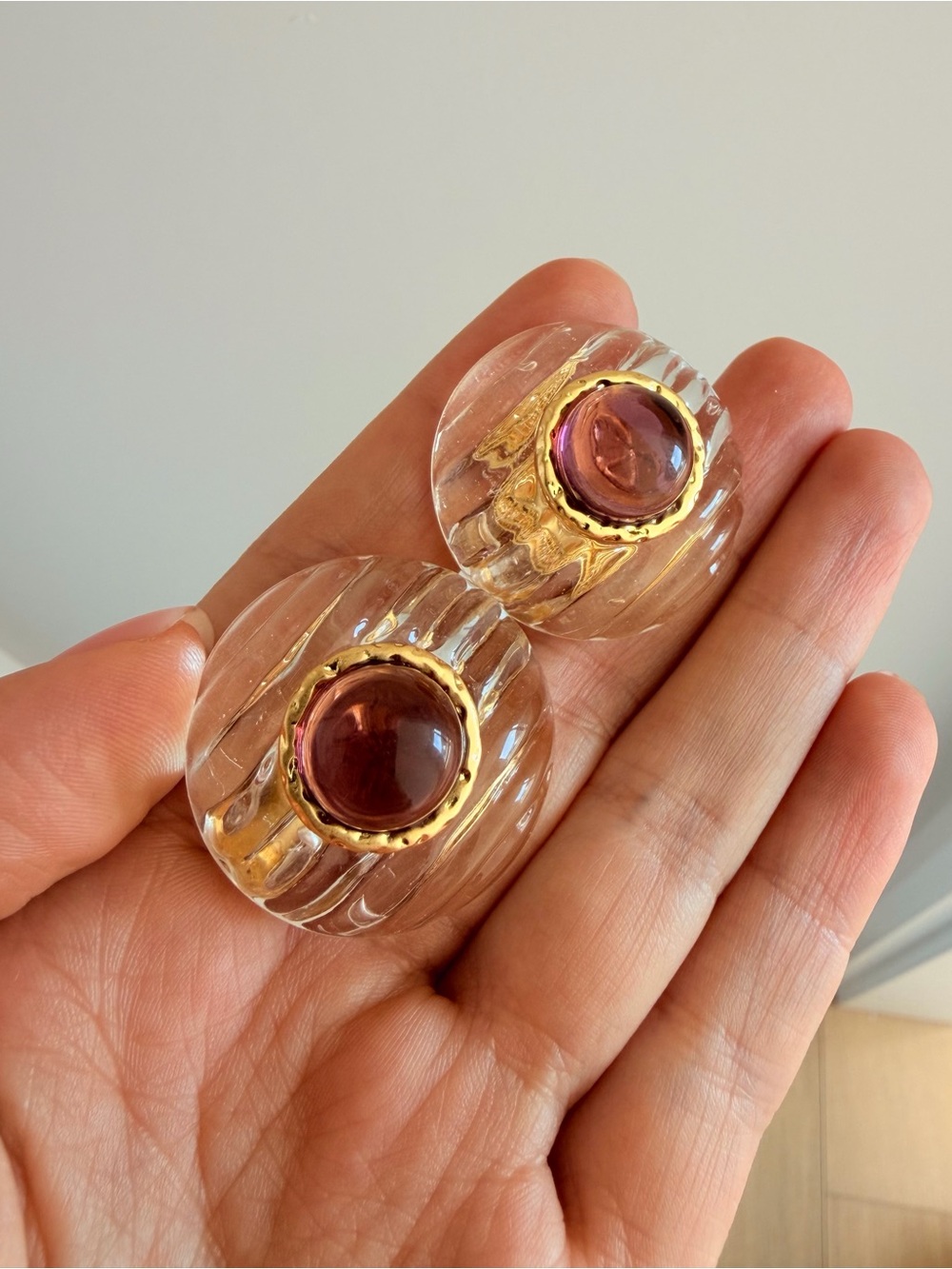 Vintage Chanel Clear Gripoix Glass Clip-On Earrings w/ Purple Cabochon CC Detail - Picture 8 of 10